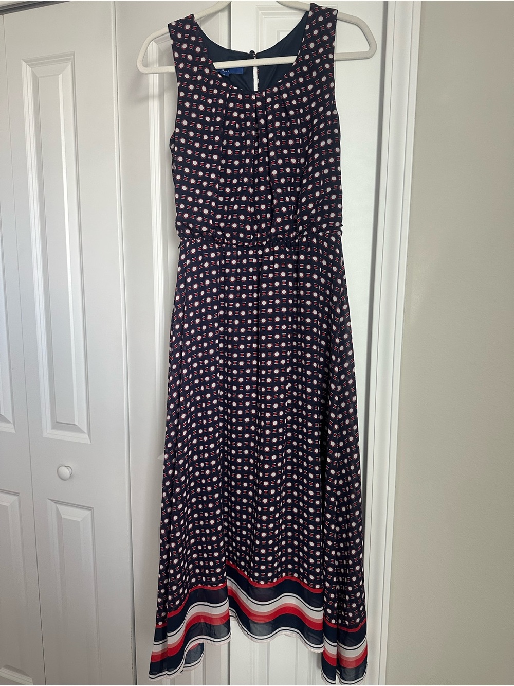 Apt. 9 Navy Sleeveless Maxi Dress with Pink Geometric Print and Striped Hem